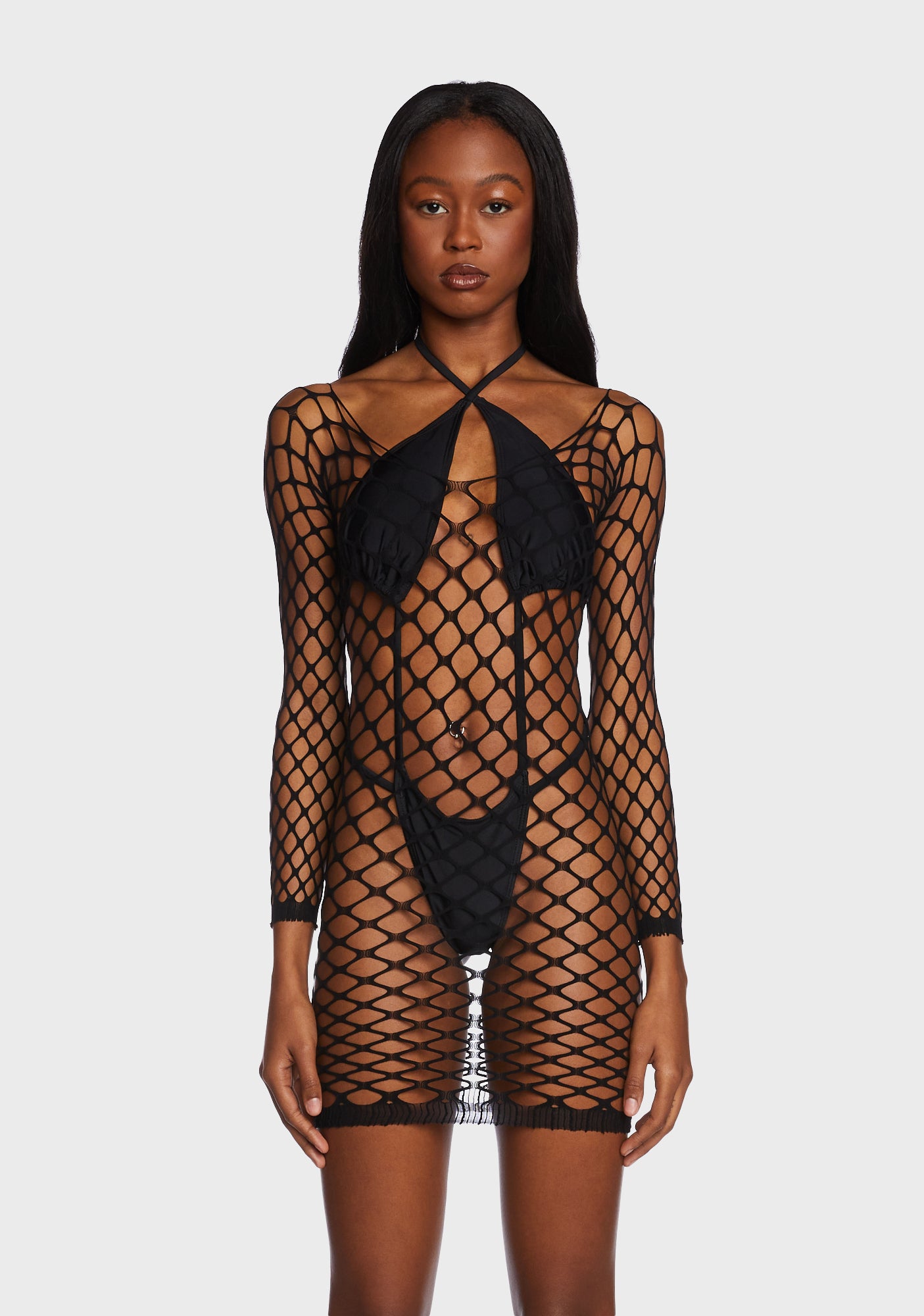 Sheer Fishnet Cover Up Mini Dress - Black – Dolls Kill