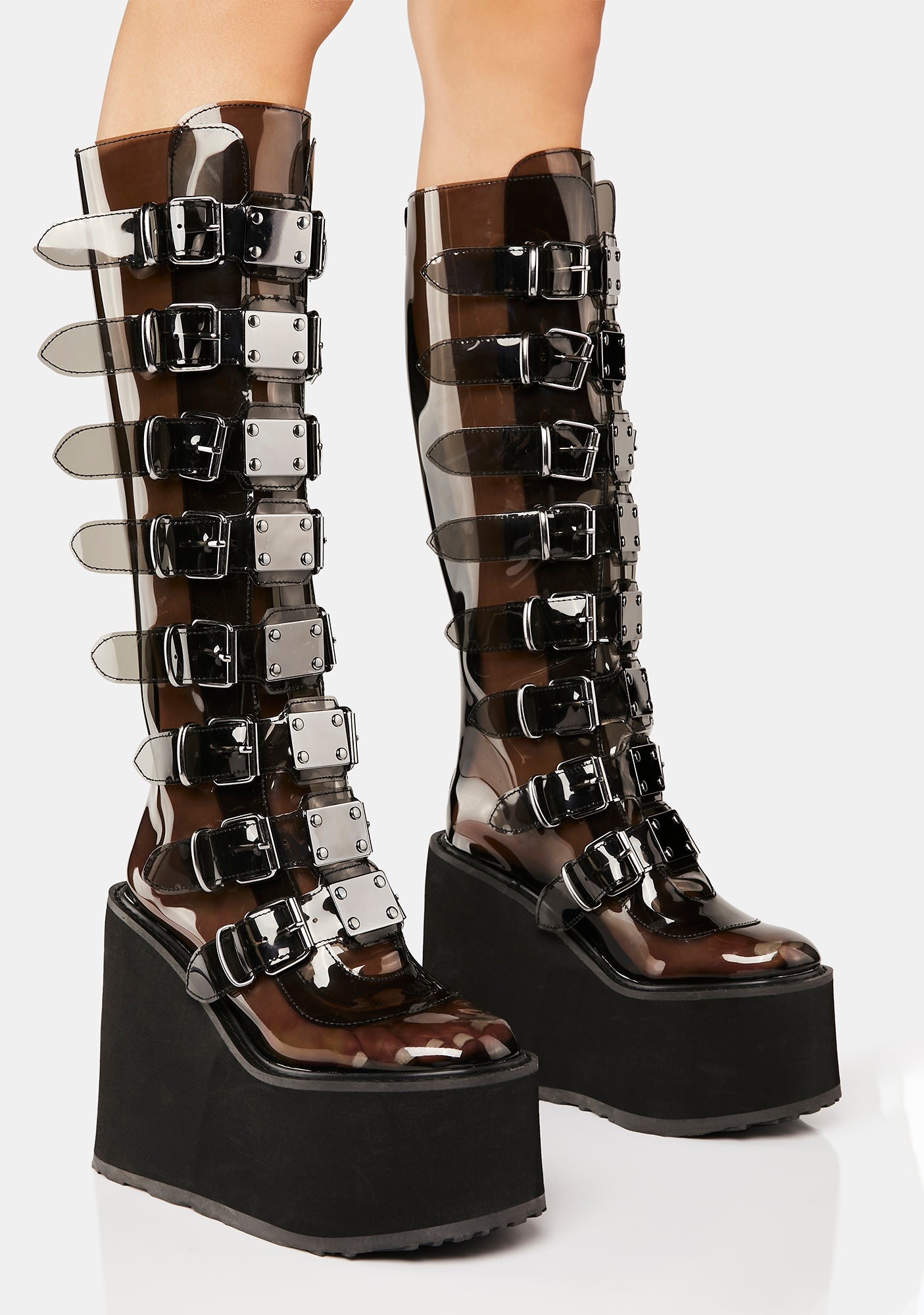 Demonia Knee High Buckle Platform Boots Clear Smoke Tpu Dolls Kill