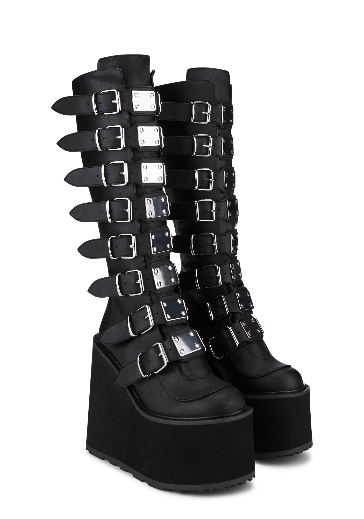 Demonia Swing-815 Buckle Knee High Platform Boots - Black – Dolls Kill