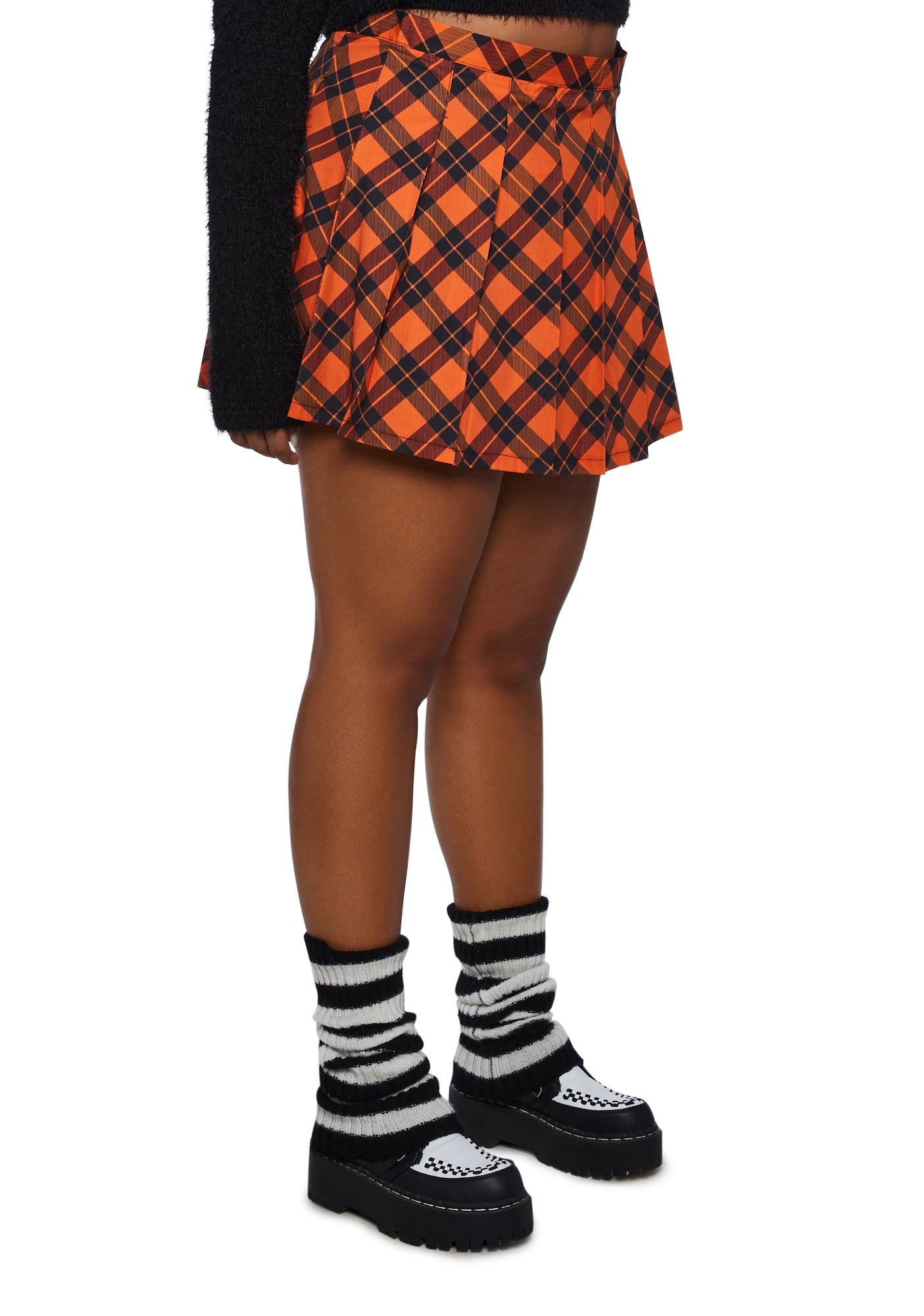 Plus Size Halloween Pleated Plaid Mini Skirt Orange Black – Dolls Kill