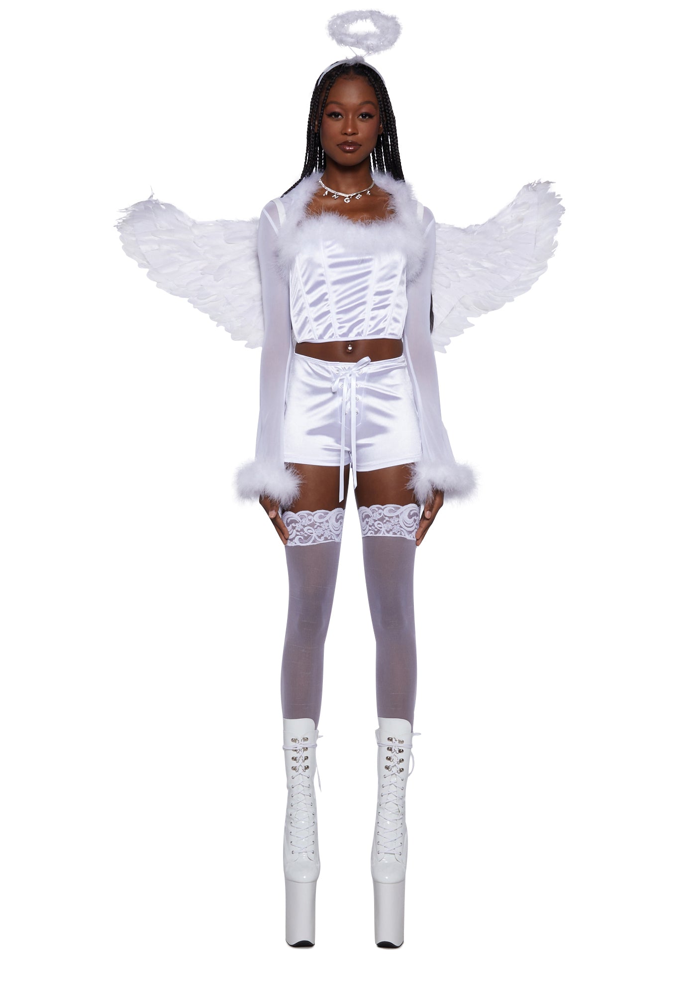 Satin Marabou Sexy Angel with Wings Halloween Costume – Dolls Kill