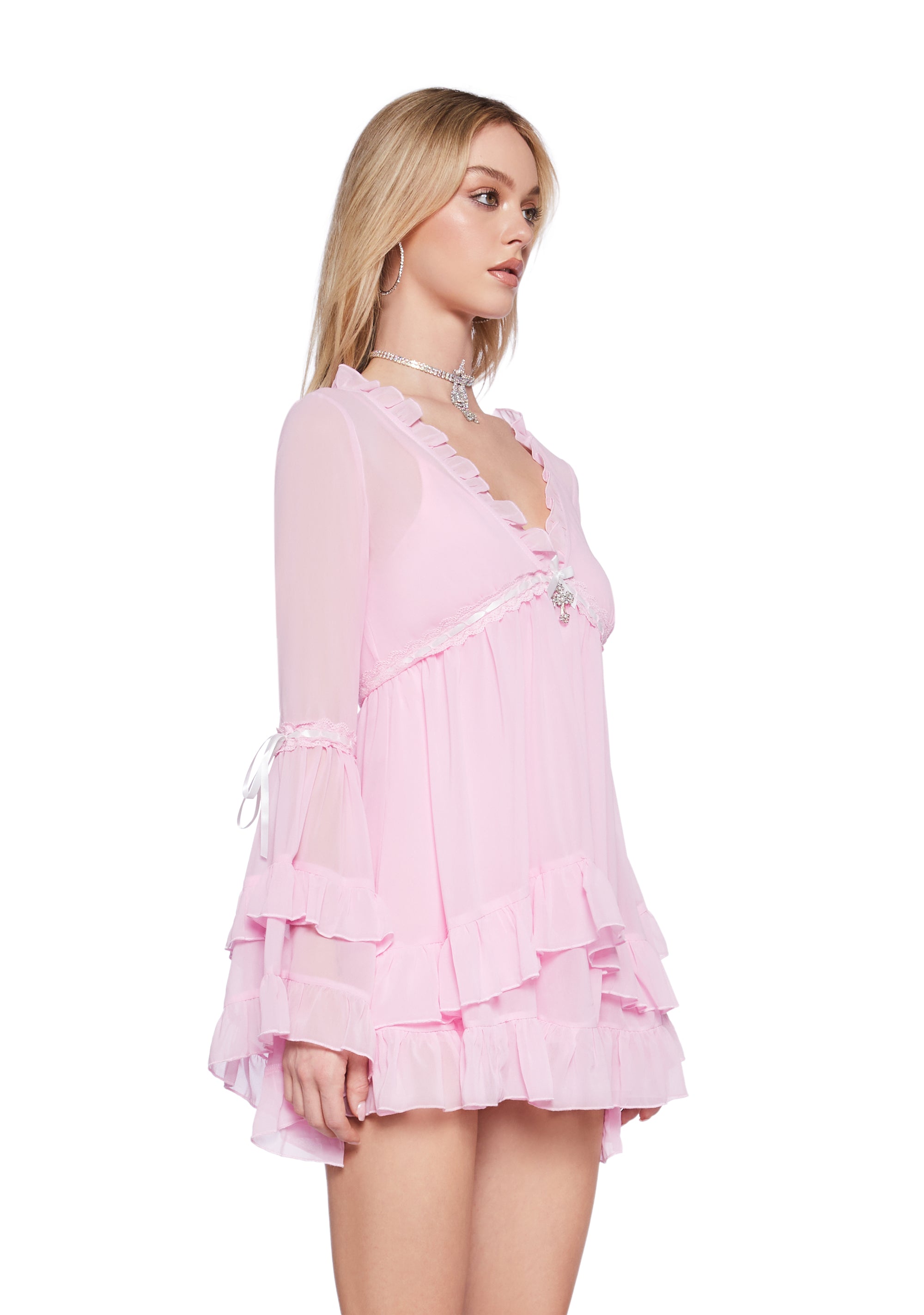 Sugar Thrillz Chiffon Mini Dress With Bell Sleeves - Pink – Dolls Kill