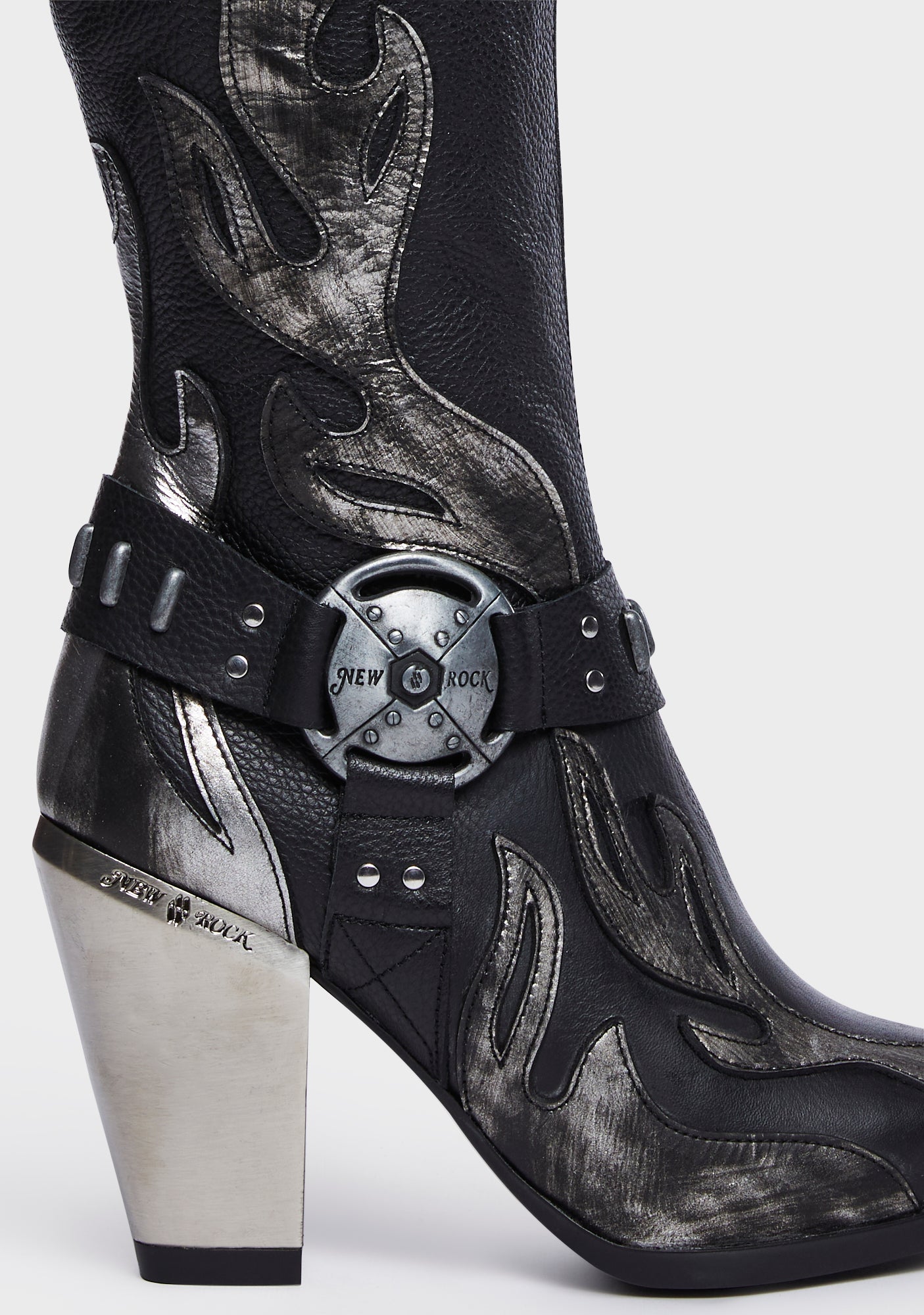 New Rock Genuine Leather Flame Design Cowboy Boots - Black – Dolls Kill
