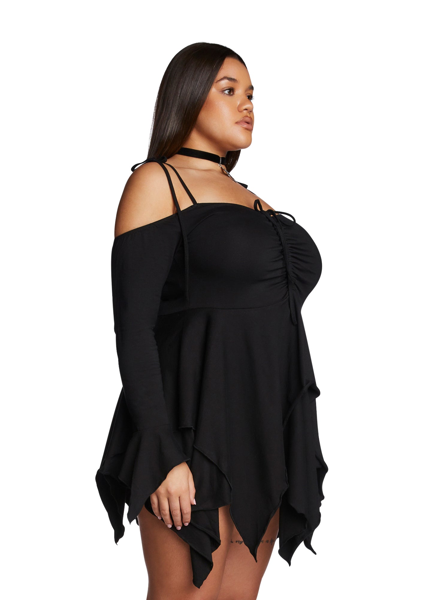 Current Mood Plus Size Off The Shoulder Handkerchief Mini Dress - Black –  Dolls Kill
