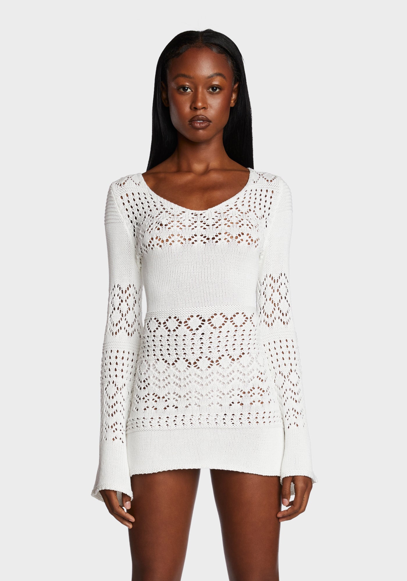Sugar Thrillz Crochet Knit Bell Sleeve Mini Dress - White – Dolls Kill