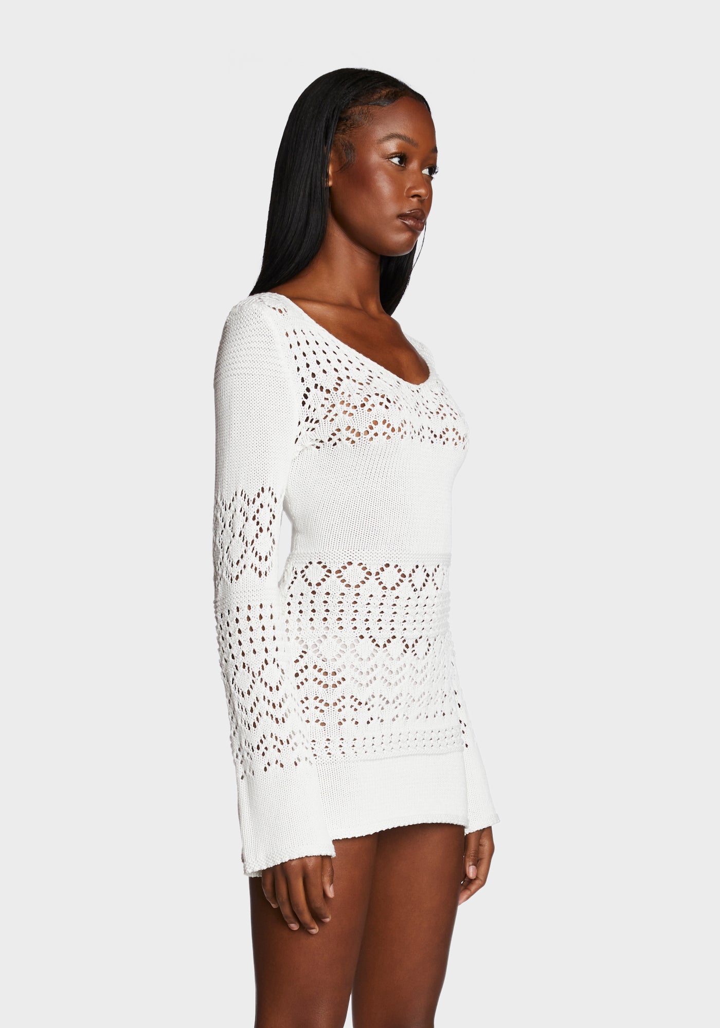 Sugar Thrillz Crochet Knit Bell Sleeve Mini Dress - White – Dolls Kill