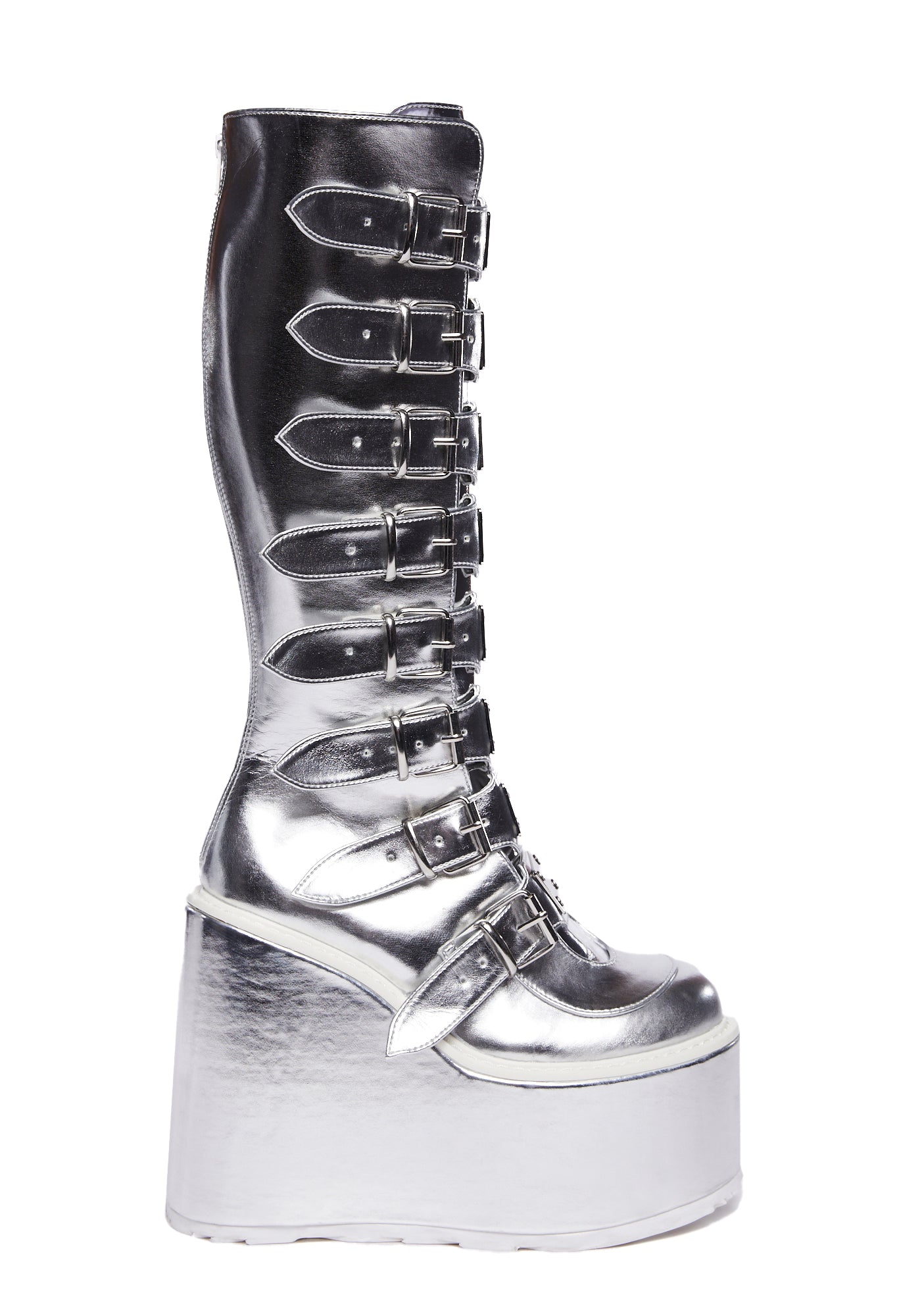 Demonia Knee High Buckle Platform Boots - Silver Metallic – Dolls Kill