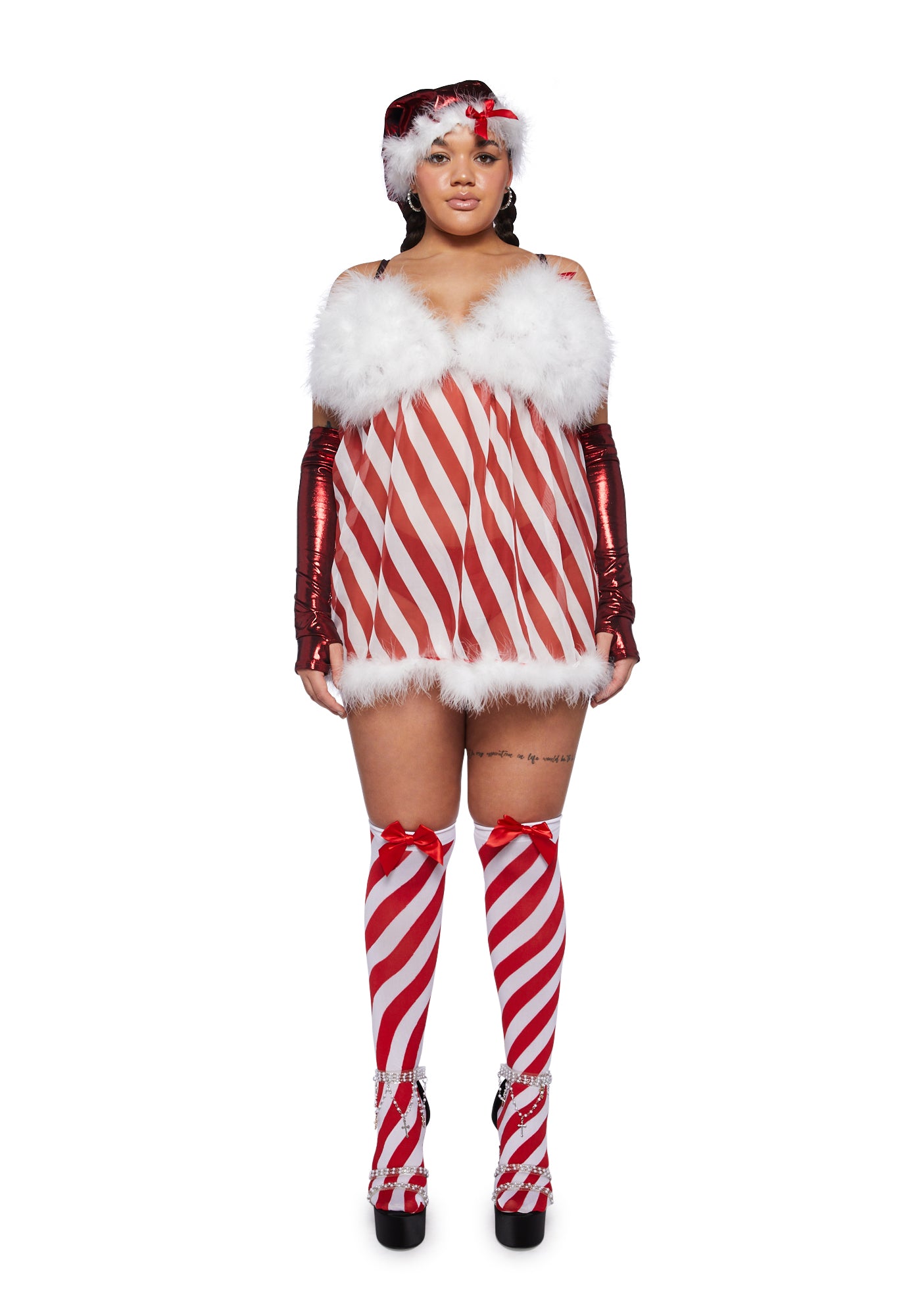 Trickz N' Treatz Plus Size Striped Sheer Christmas Costume Set - Red/White  – Dolls Kill