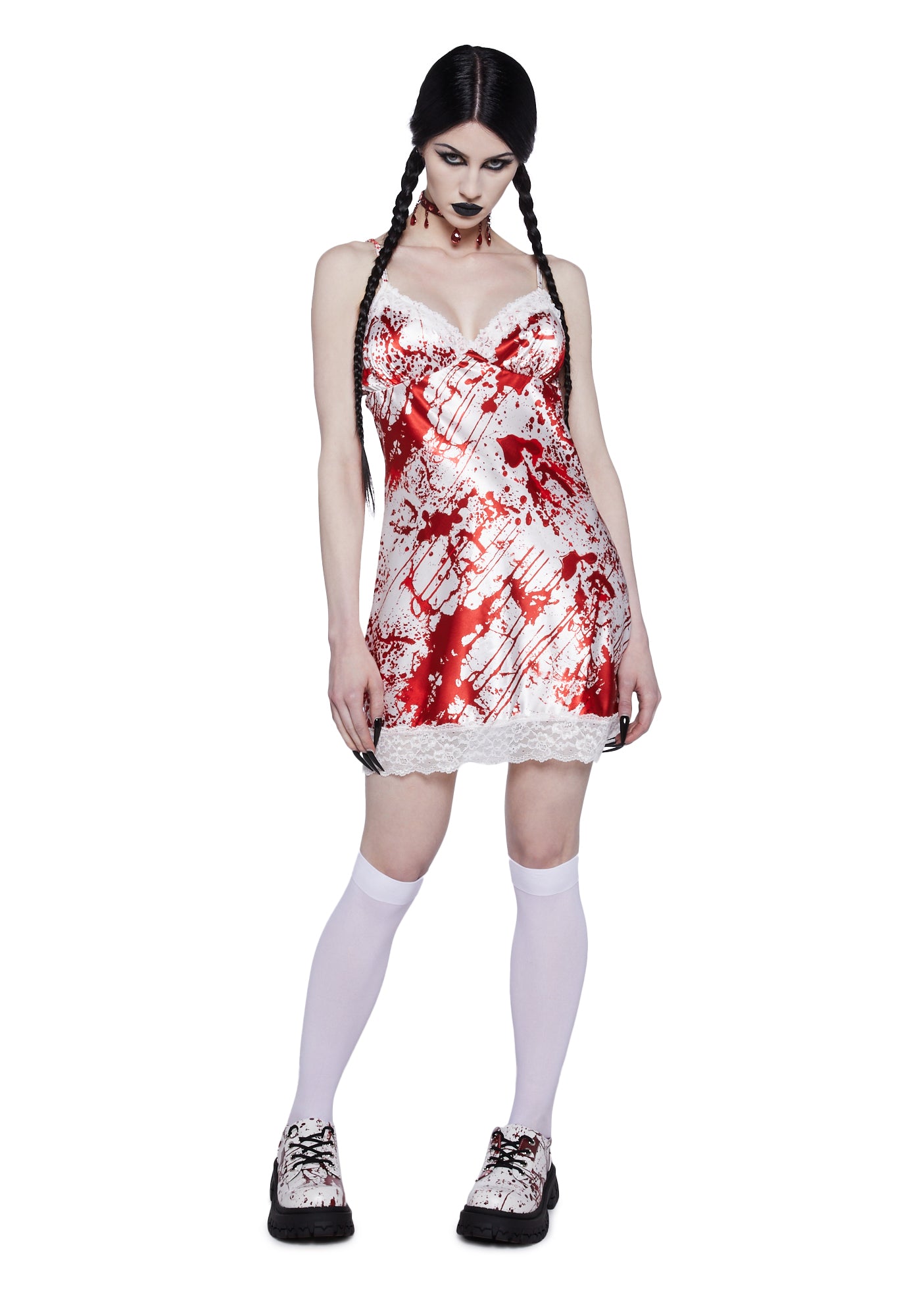 Trickz N Treatz Bloody Satin Slip Dress - White/Red – Dolls Kill