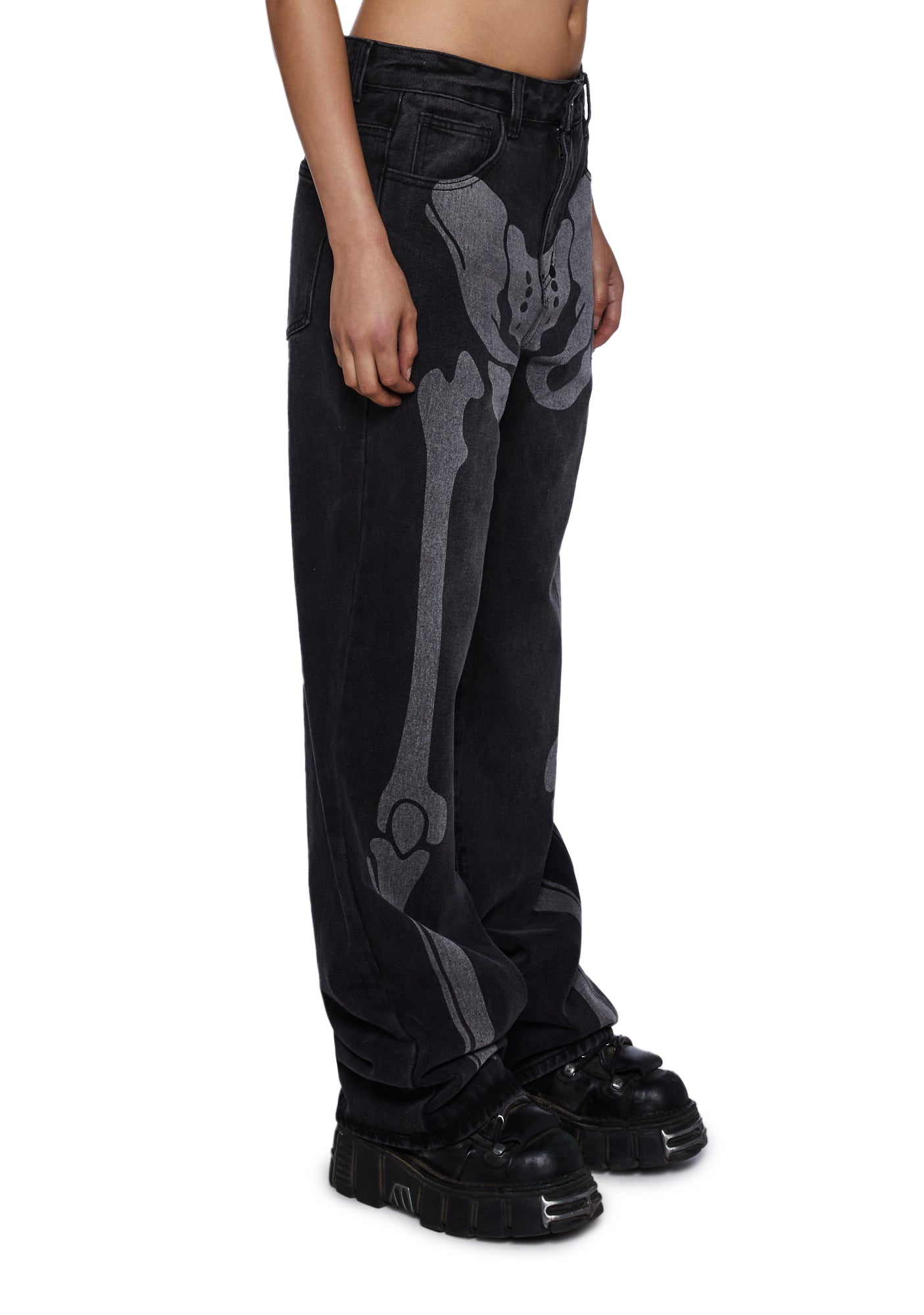 Trickz N Treatz Skeleton Print Baggy Denim Jeans - Washed Black – Dolls Kill