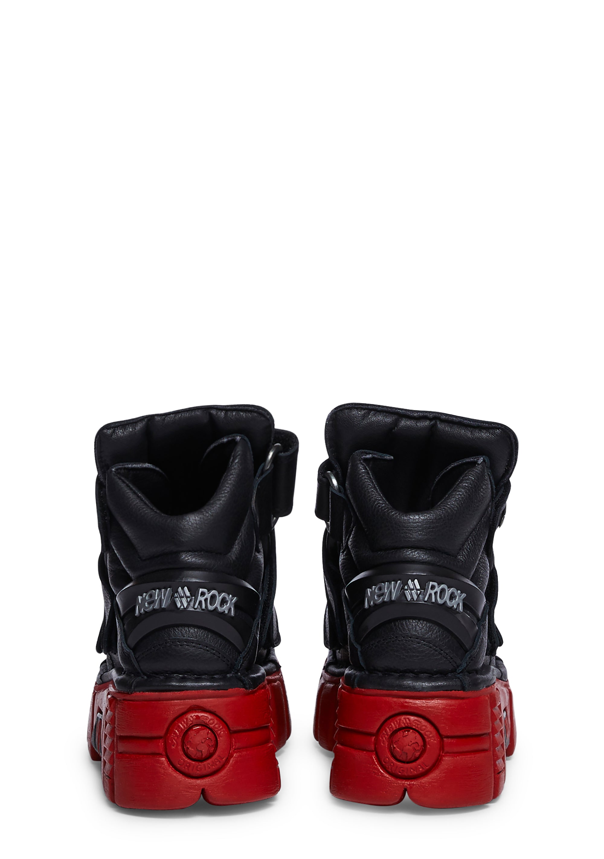 New Rock Shield Velcro Strap Chunky Platform Ankle Boots - Black/Red –  Dolls Kill