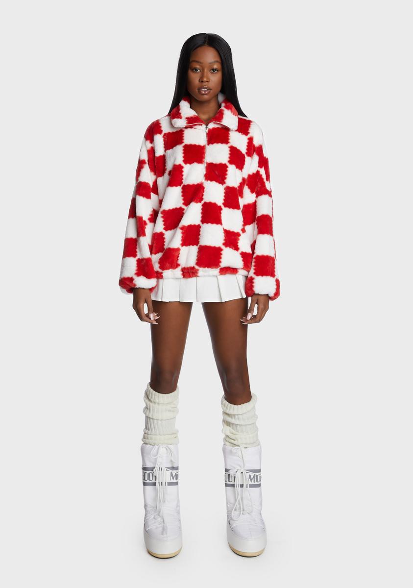 Checkered Fuzzy Faux Fur Jacket - Red/White – Dolls Kill