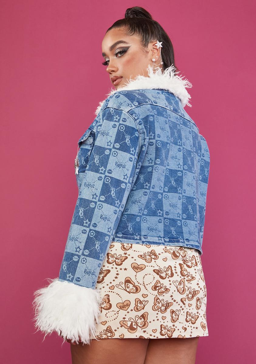 Plus Size Dolls Kill x Bratz Checkered Icons Cropped Faux Fur Denim Jackets