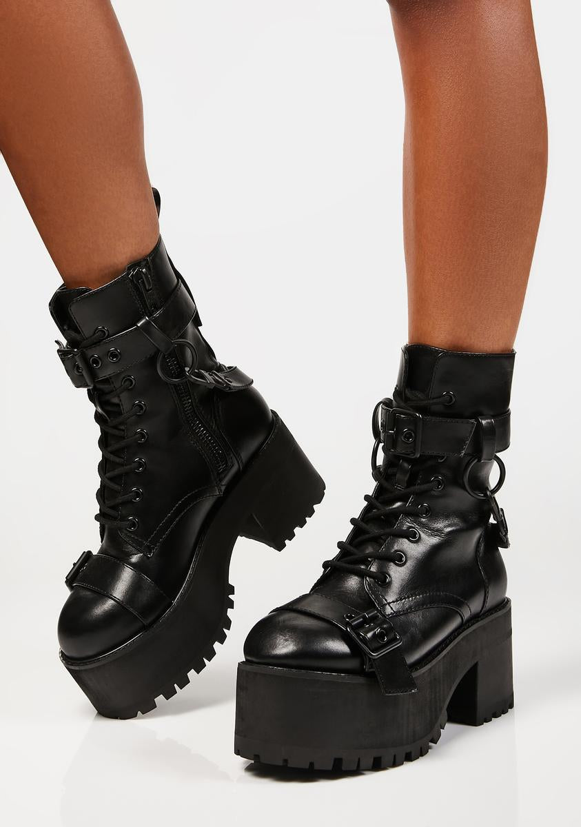 Current Mood Buckle O Ring Strap Platform Combat Boots - Black – Dolls Kill
