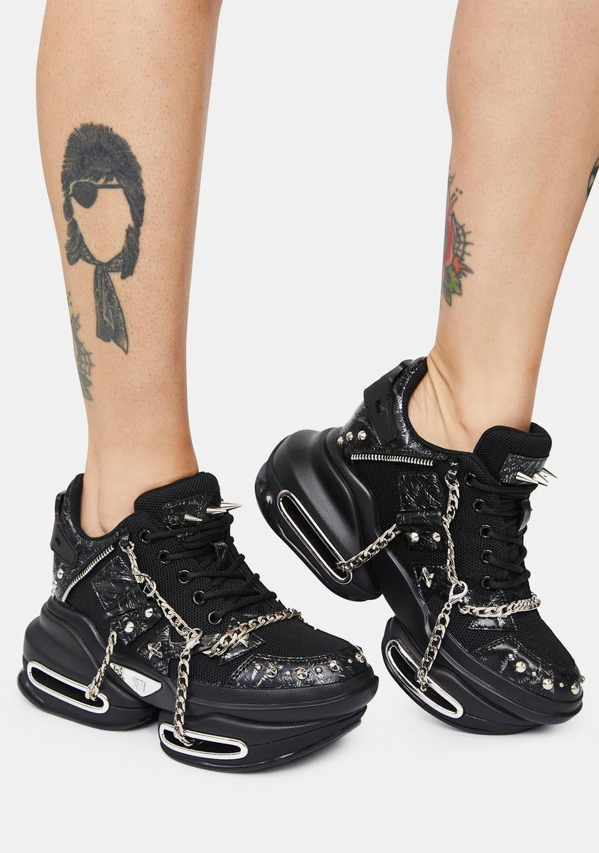 Spike Studded Chain Chunky Platform Lace Up Sneakers - Black – Dolls Kill