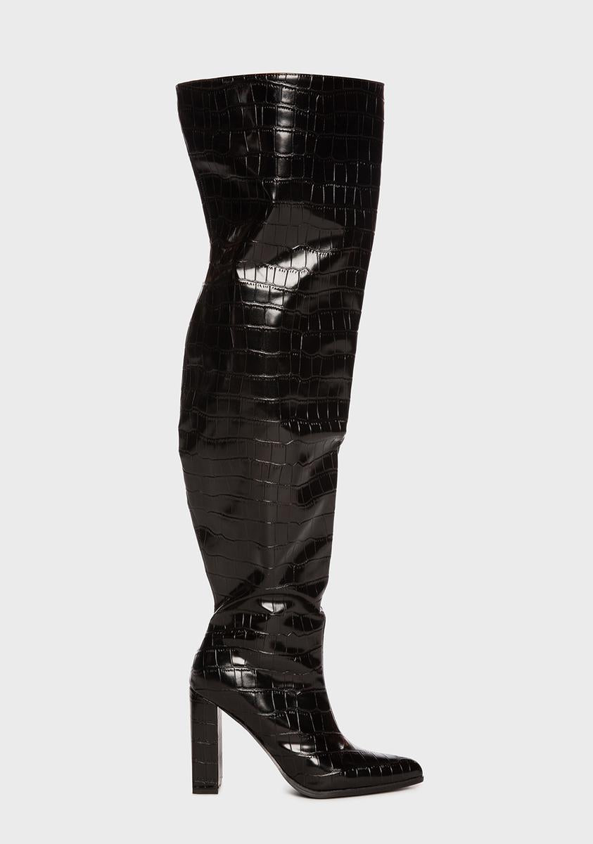 Public Desire Croc Texture Heeled Thigh High Boots - Black – Dolls Kill
