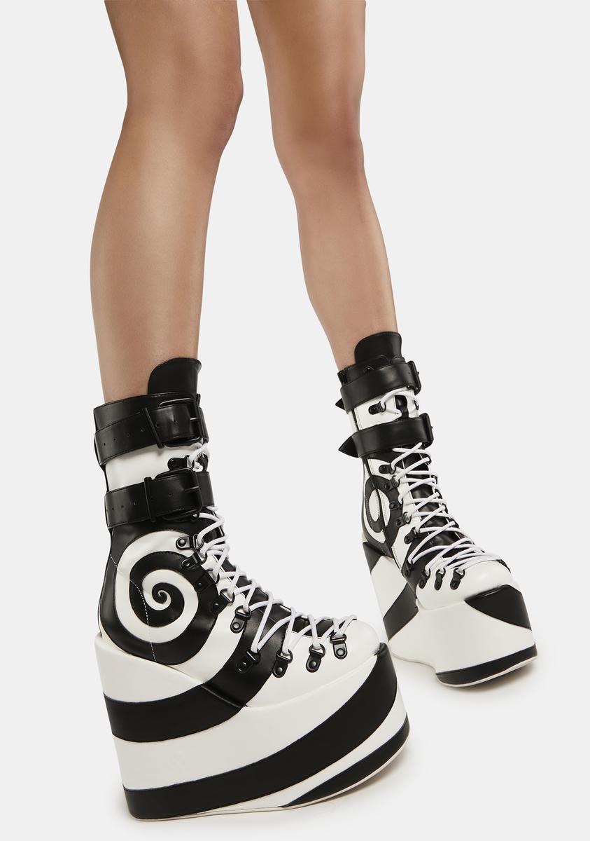 Club Exx Swirl Print Wedge Platform Boots - Black/White – Dolls Kill