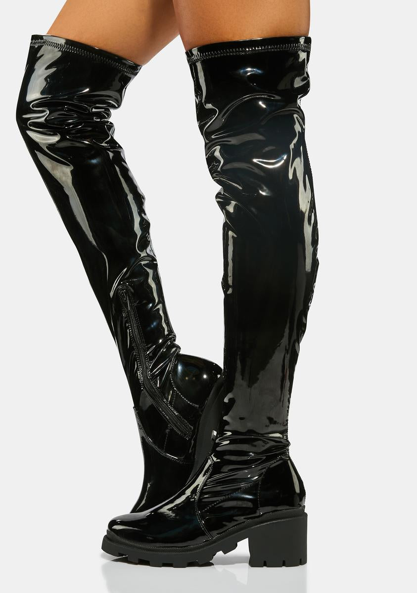 Vegan Patent Leather Thigh High Boots - Black – Dolls Kill