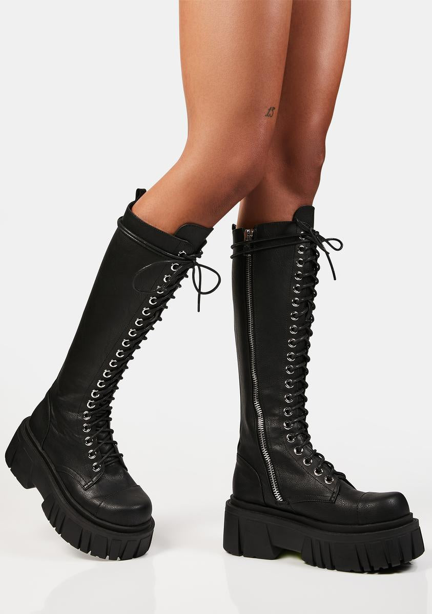 Current Mood 20 Eye Knee High Combat Boots – Dolls Kill