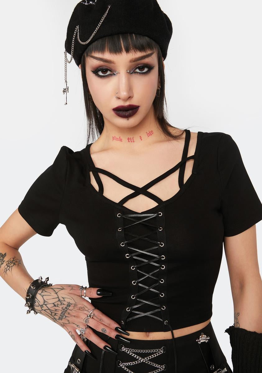 Dark In Love Cropped Lace Up Top - Black – Dolls Kill