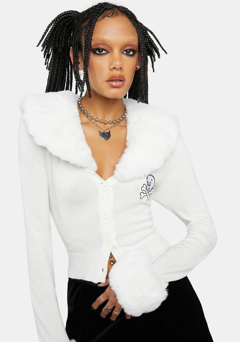 Dolls Kill x Hot Stuff Casper Faux Fur Embroidered Knit Cardigan - White
