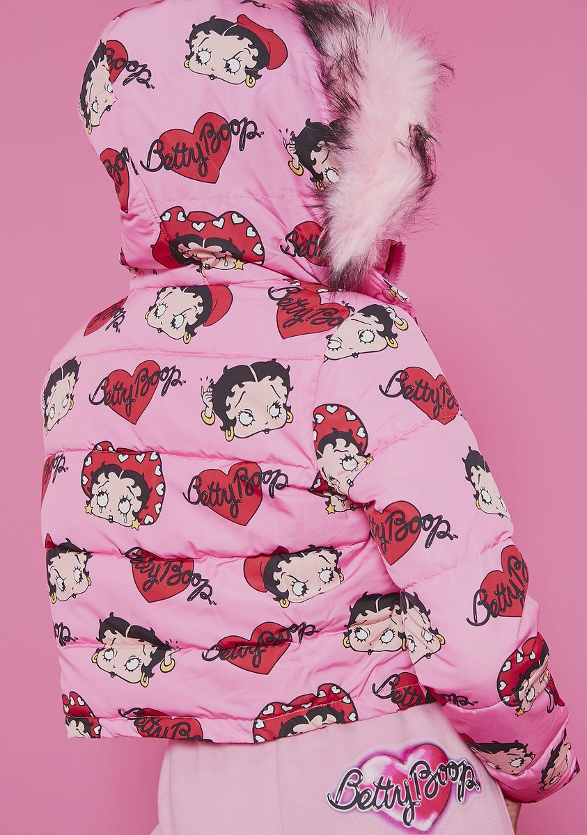 Dolls Kill x Betty Boop Cropped Puffer Jacket With Faux Fur Hoodie - Pink