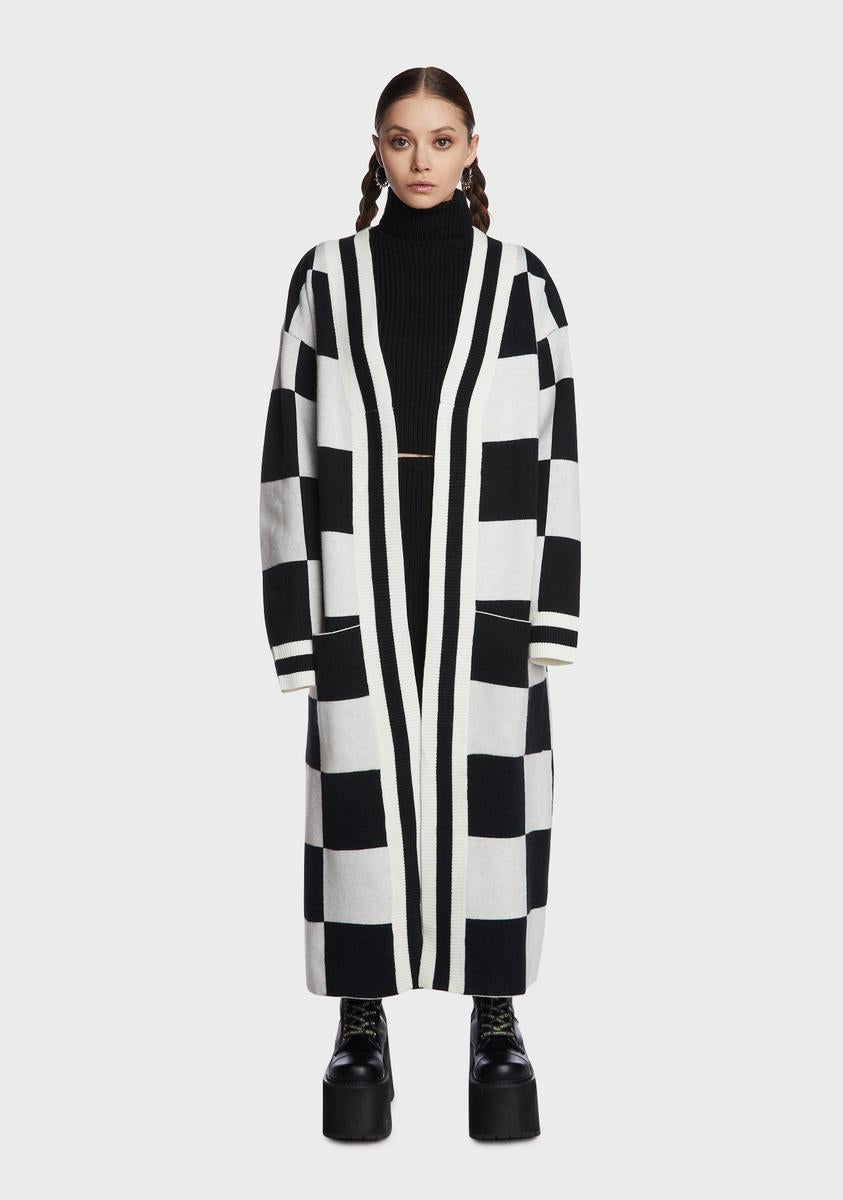 Checkered Open Front Long Line Cardigan - Black/White – Dolls Kill