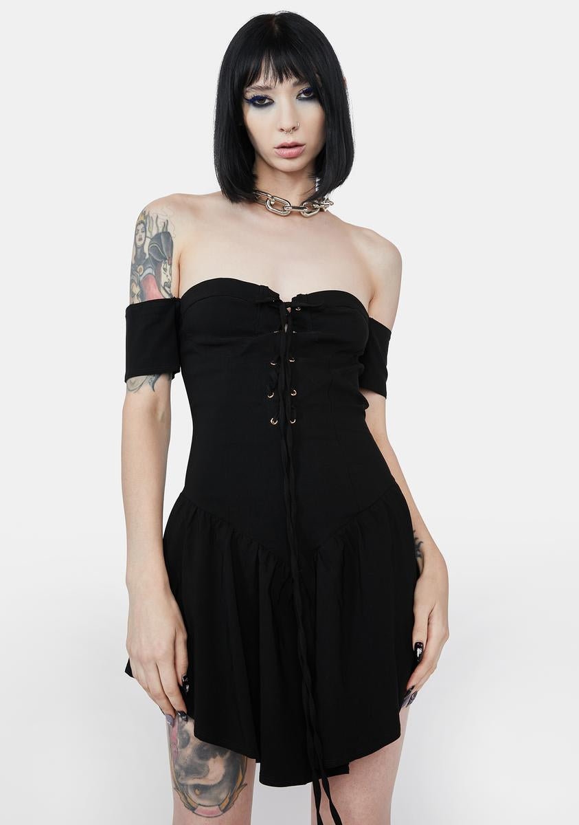 Off The Shoulder Lace Up Asymmetric Mini Dress - Black – Dolls Kill