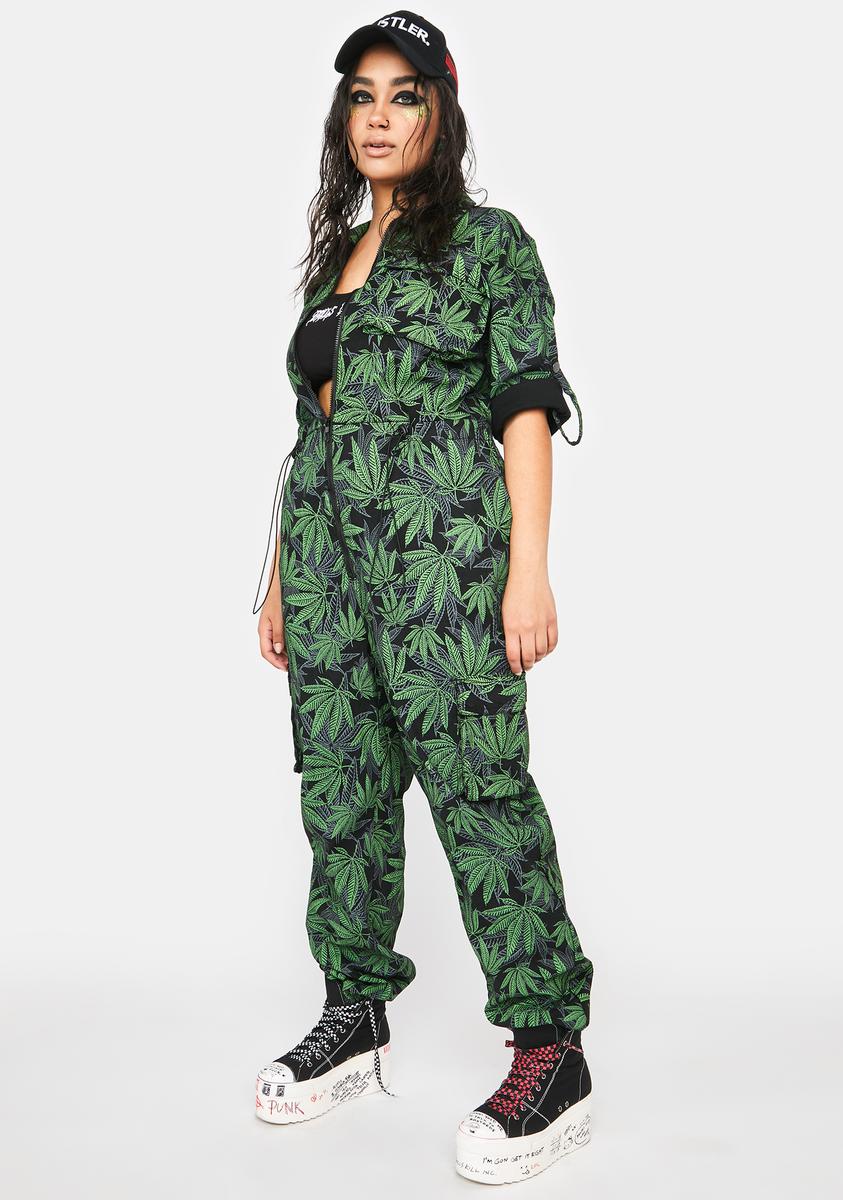 Plus Size Weed Leaf Print Cargo Pocket Jumpsuit - Black/Green – Dolls Kill