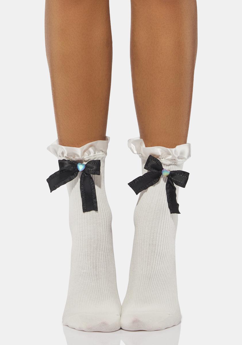 Knit Ribbed Bow And Heart Ankle Socks- White – Dolls Kill