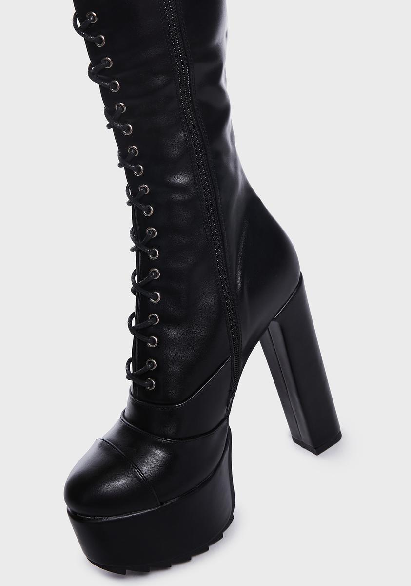 Lamoda Lace Up Platform Knee High Boots - Black – Dolls Kill