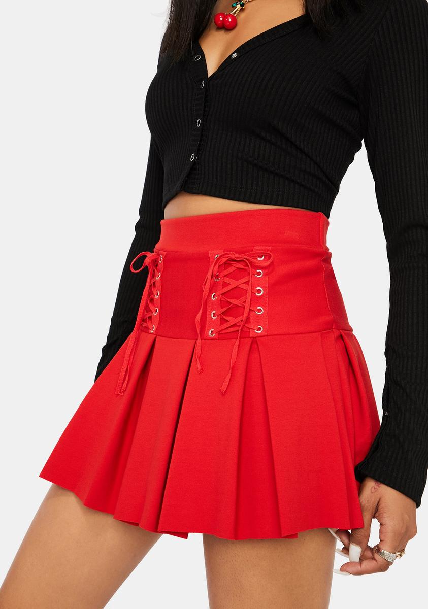 Lace Up Pleated Skirt With Built-In Shorts - Red – Dolls Kill