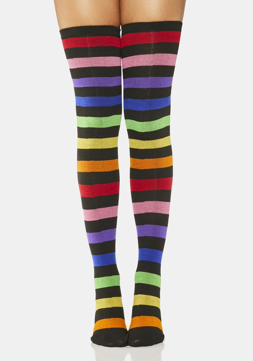 Rainbow Striped Thigh High Socks - Black – Dolls Kill