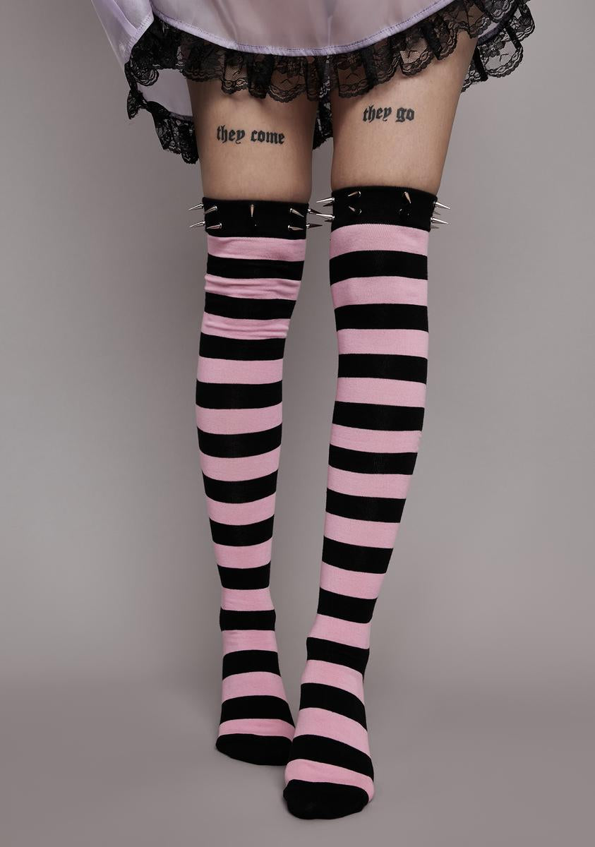 Striped Spiked Stud Thigh High Socks - Pink/Black – Dolls Kill