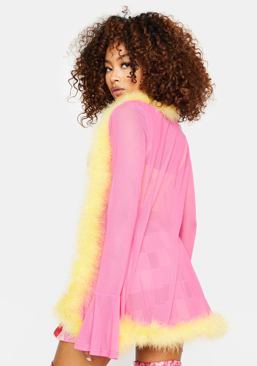 Mesh Bell Sleeve Kimono With Marabou Fur Trim - Pink/Yellow – Dolls Kill