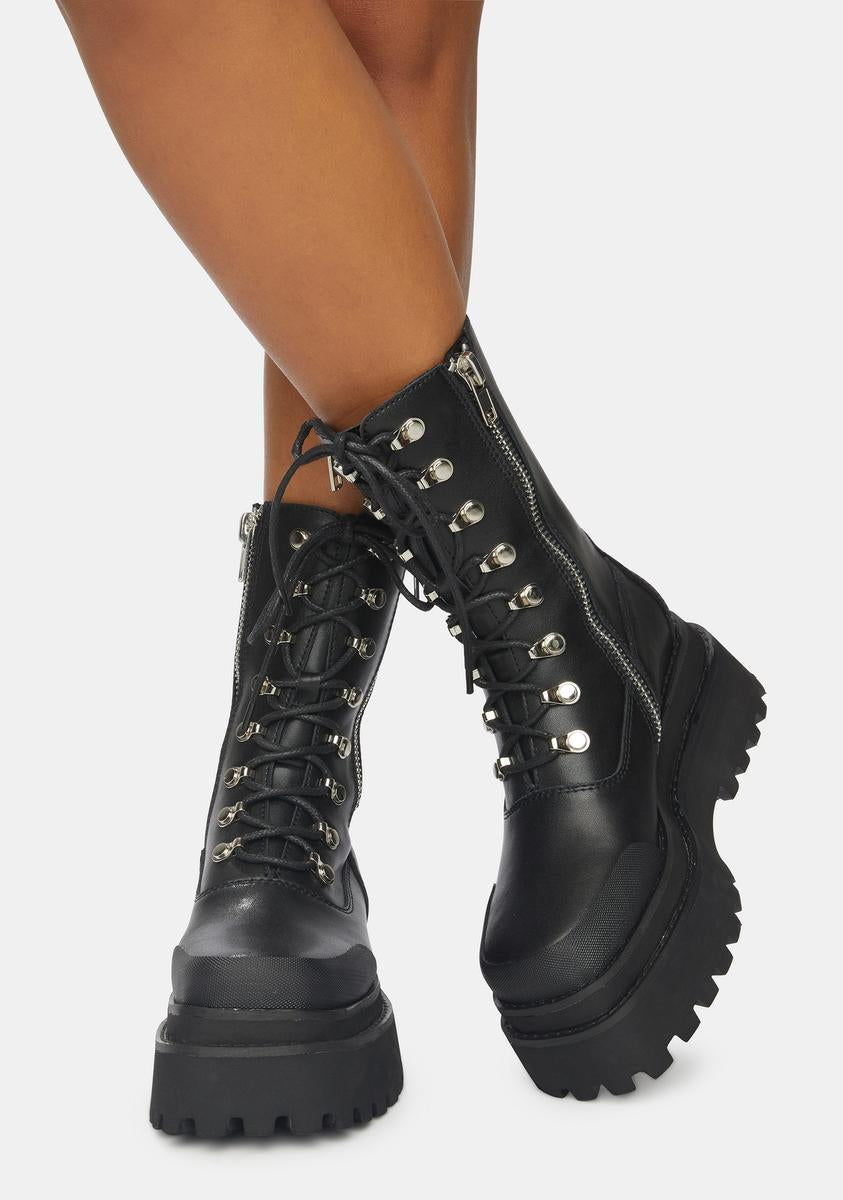 Darker Wavs Unisex Leather Square Toe Combat Boots - Black