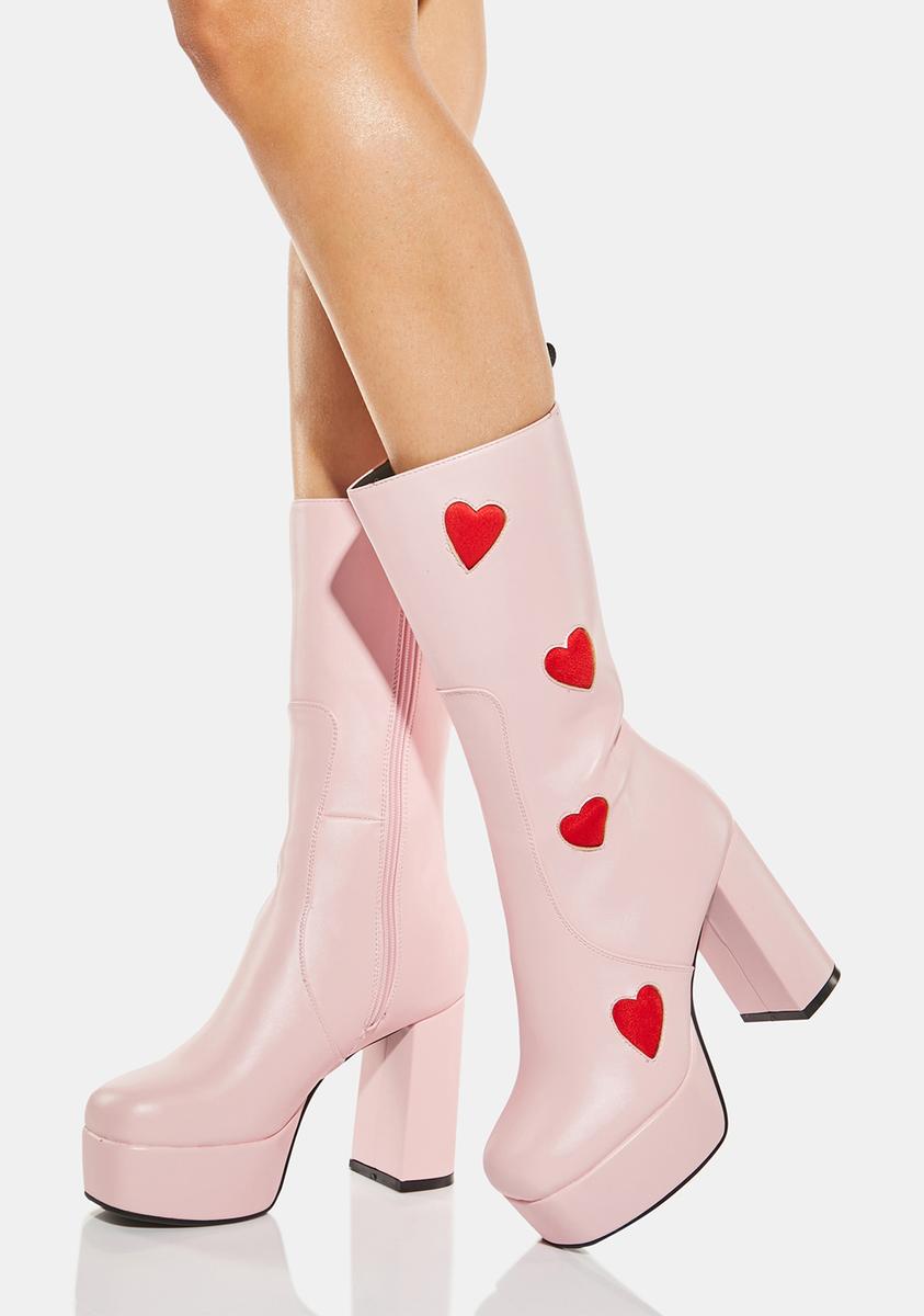 Lamoda Mid Calf Rise Vegan Leather Heart Platform Boots - Pink – Dolls Kill