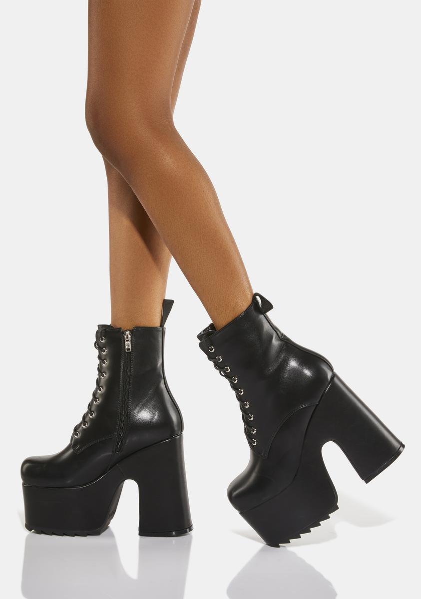 Lamoda Vegan Leather Lace Up Platform Heel Ankle Boots - Black – Dolls Kill