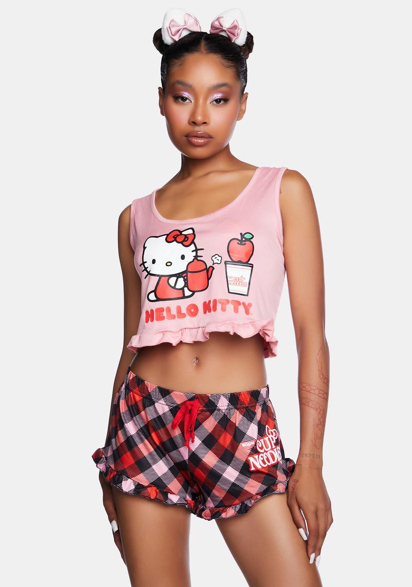 Hello Kitty x Cup Noodles Ruffled Tank Top And Plaid Shorts Pajama Set -  Pink/Red – Dolls Kill