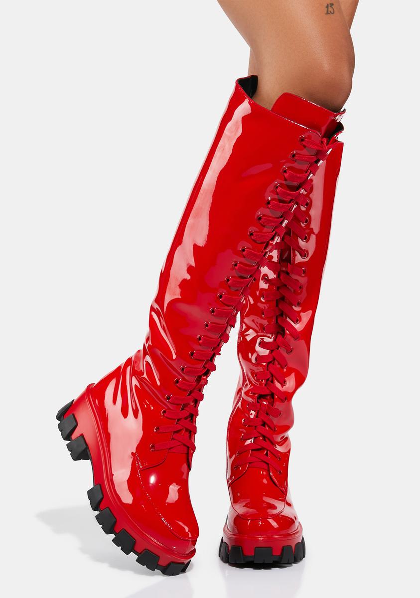 Azalea Wang Knee High Lace Patent Vegan Leather Boots - Red – Dolls Kill