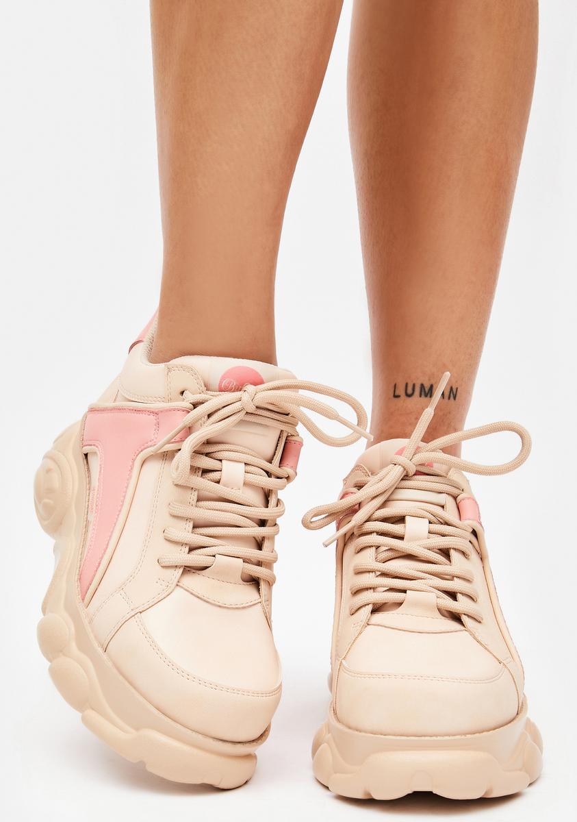 Buffalo Pink Detail Platform Sneakers - Beige – Dolls Kill