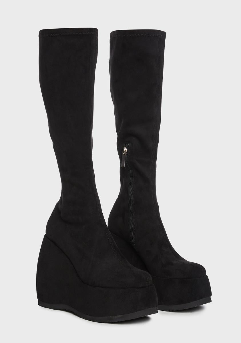 Shellys London Knee High Platform Wedge Boots - Black – Dolls Kill