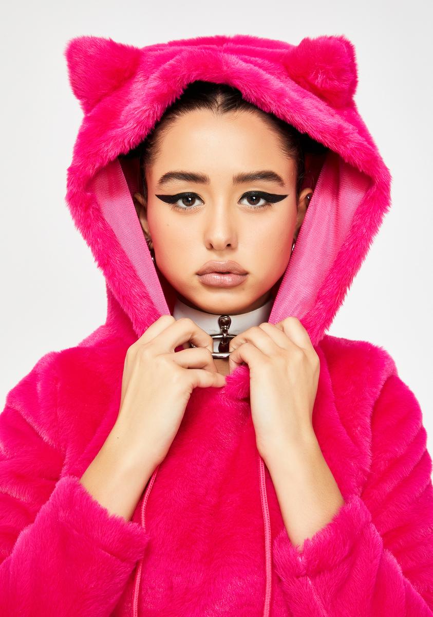 Club Exx Hot Pink Faux Fur Cropped Bear Hoodie – Dolls Kill