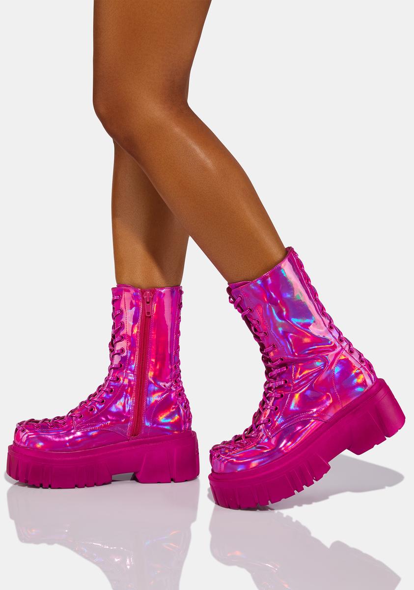 Club Exx Holographic Corset Lace Up Combat Boots - Hot Pink – Dolls Kill