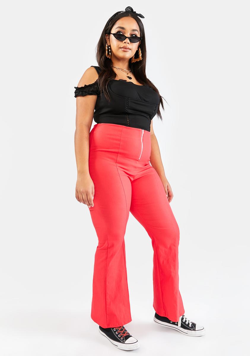 Plus Size High Waist Zip Up Flare Pants - Red – Dolls Kill