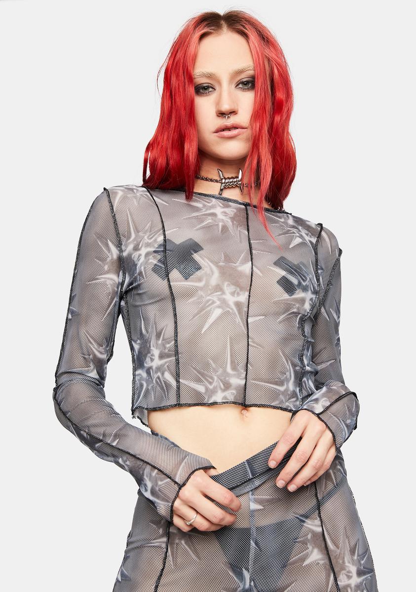 The Ragged Priest Mesh Graphic Long Sleeve Crop Top - Gray – Dolls Kill