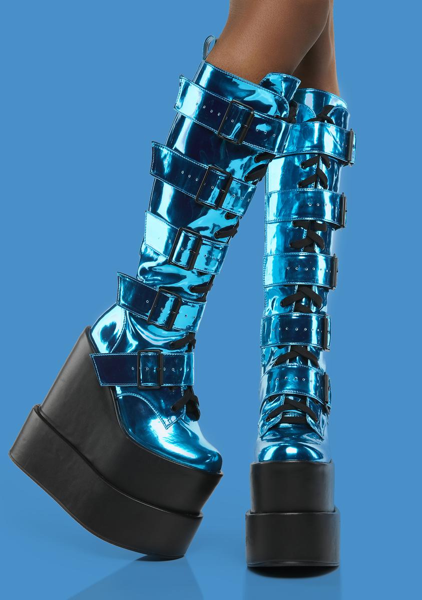 Dolls Kill X Hatsune Miku Metallic Double Stacked Buckle Platform Boots -  Blue