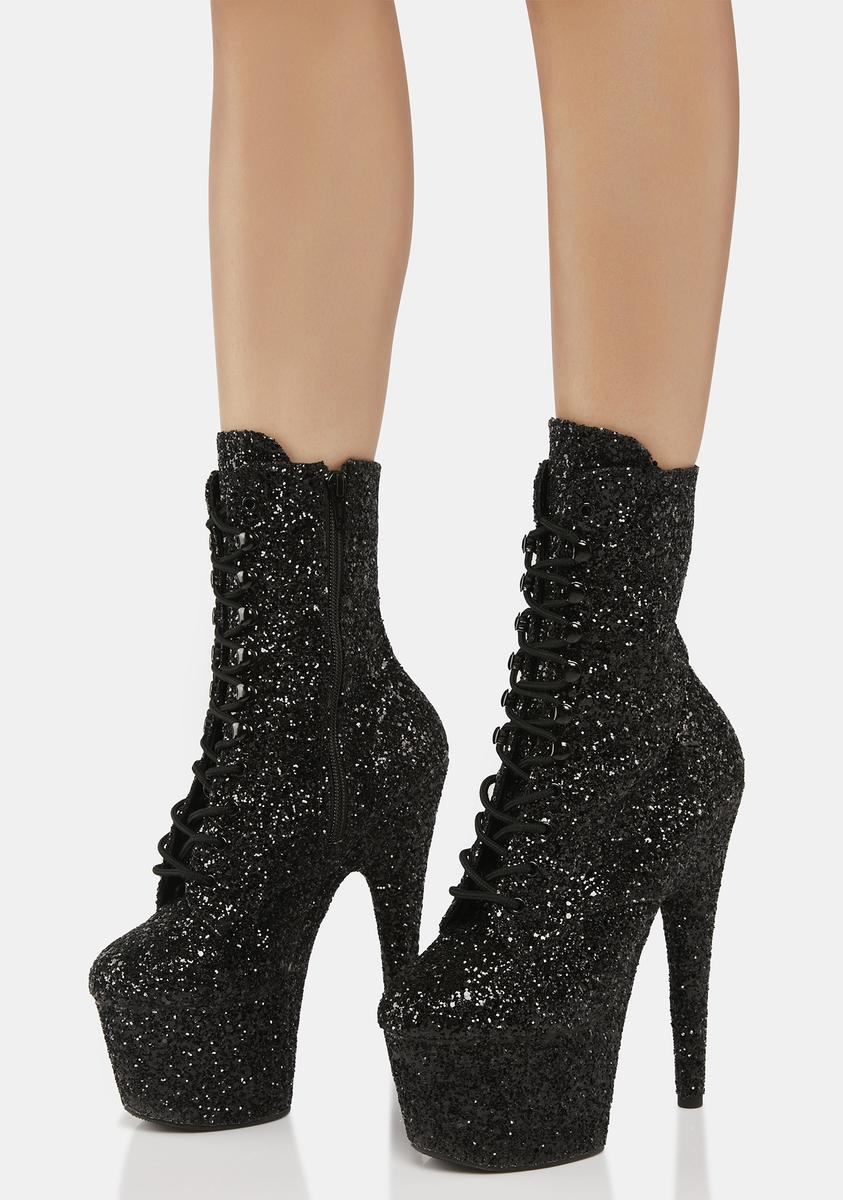 Pleaser Glitter Lace Up Platform Stiletto Boots - Black – Dolls Kill