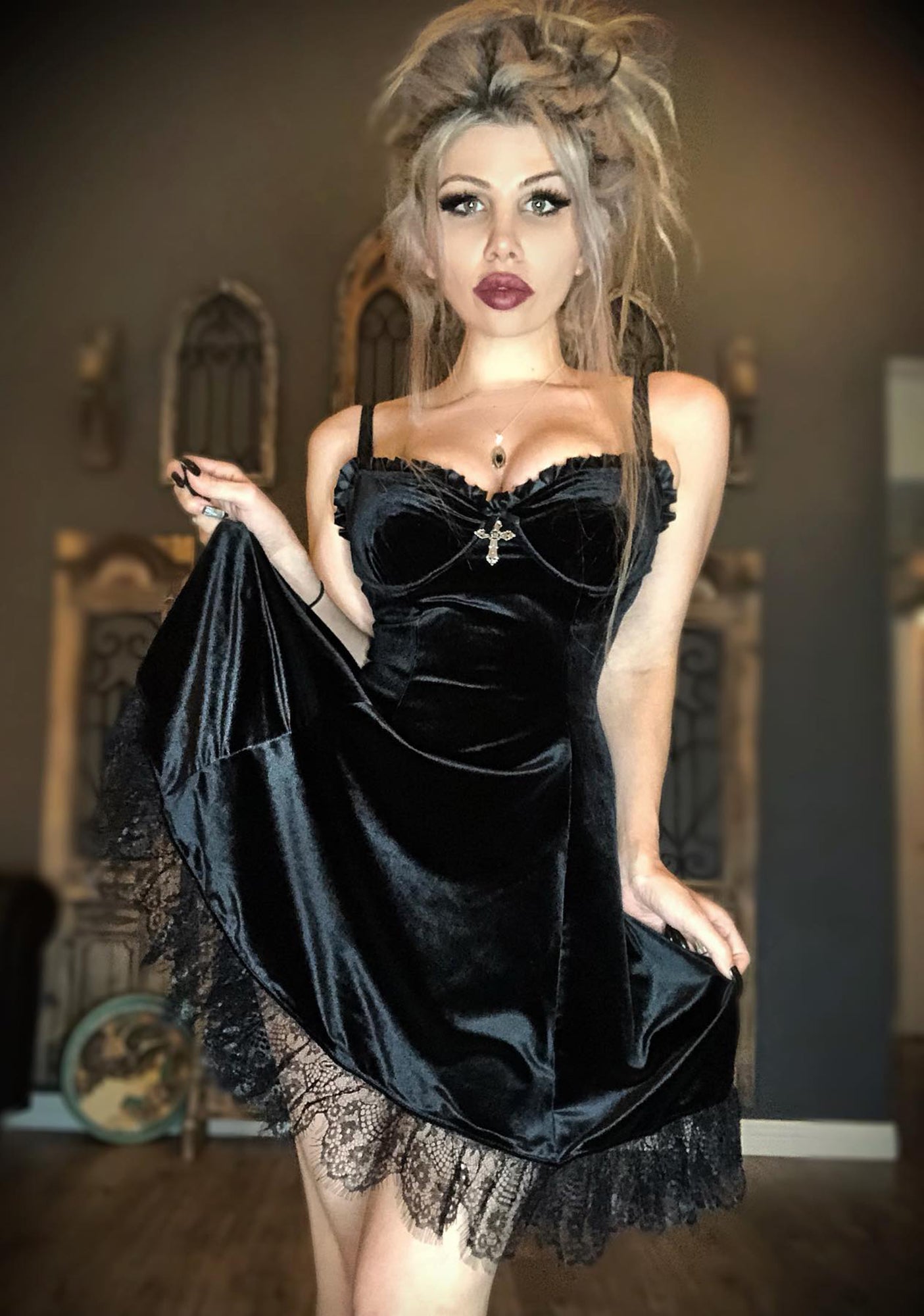 Widow Velvet Cross Mini Dress Black – Dolls Kill