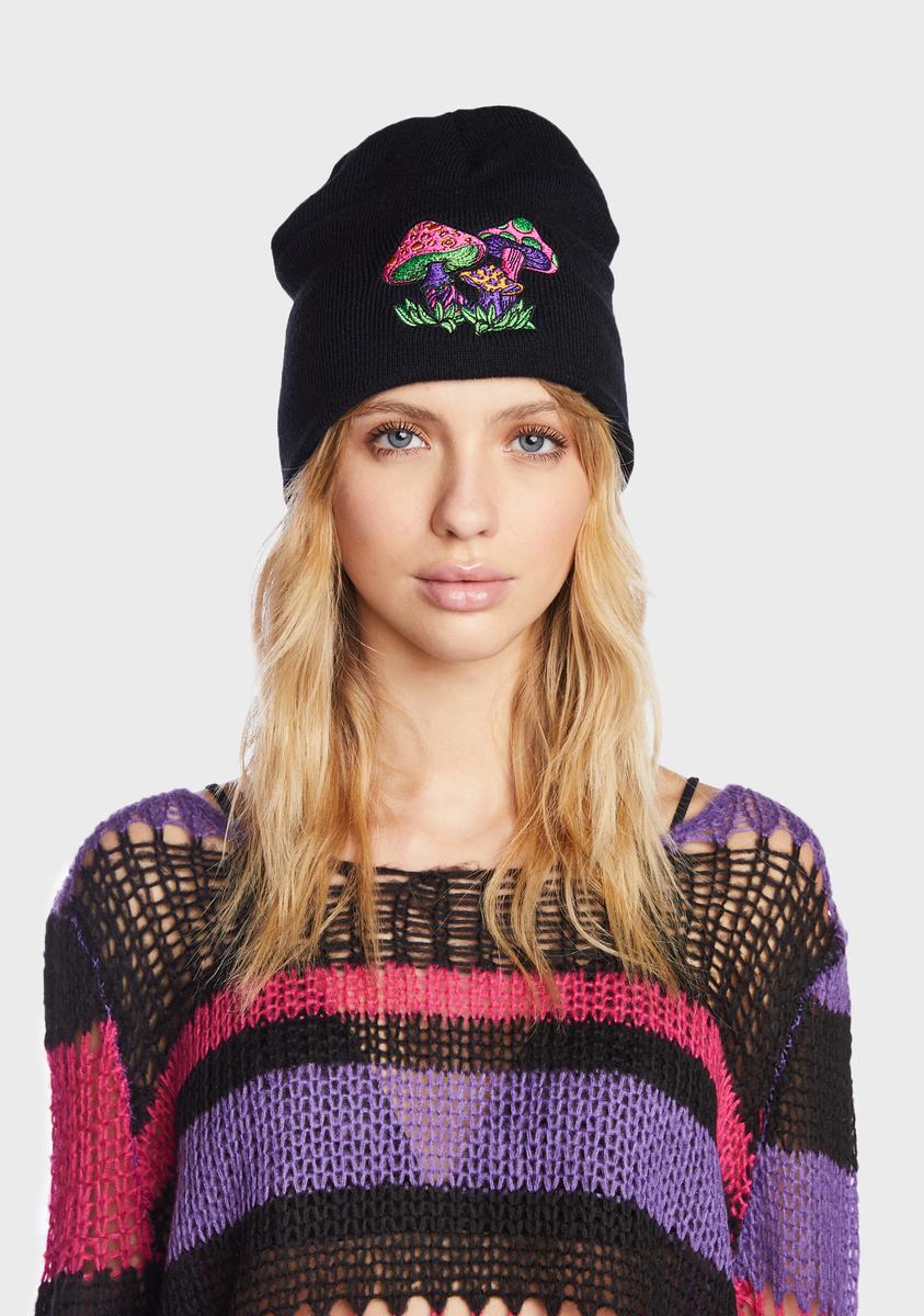 Current Mood Embroidered Trippy Mushrooms Beanie - Black – Dolls Kill